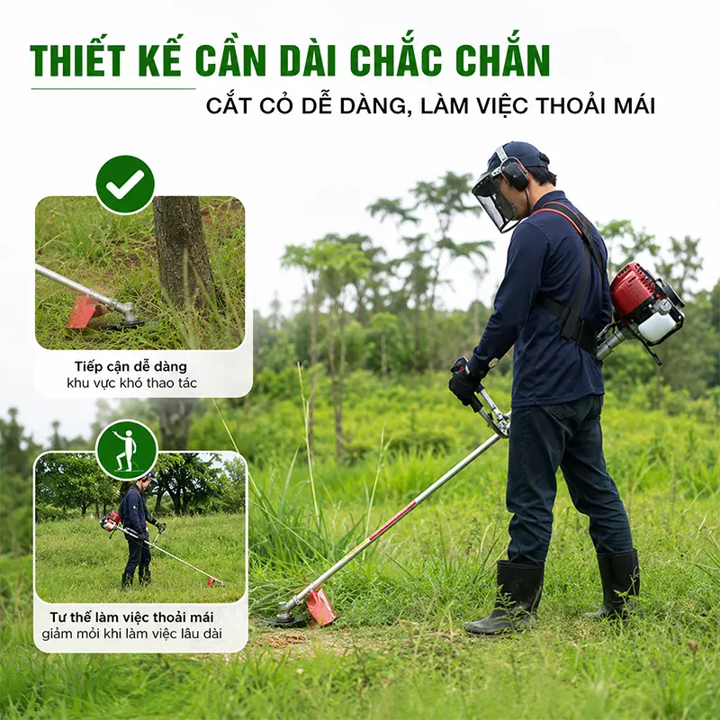 Thiết kế cần dài chắc chắn, thuận tiện khi cắt cỏ