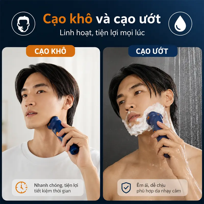 Cạo khô hoặc cạo ướt linh hoạt, đáp ứng mọi nhu cầu sử dụng