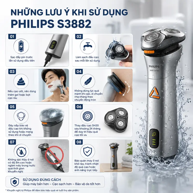 Những lưu ý khi sử dụng máy cạo râu ướt và khô Philips S3882