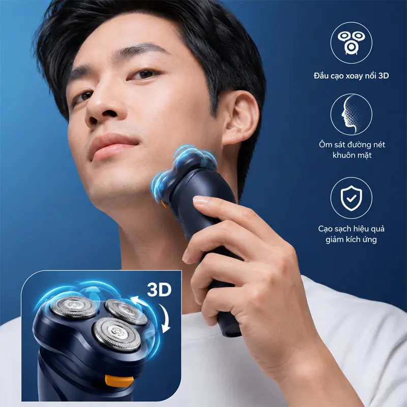 Đầu cạo xoay nổi 3D ôm sát đường nét khuôn mặt, tăng hiệu quả cạo và giảm kích ứng