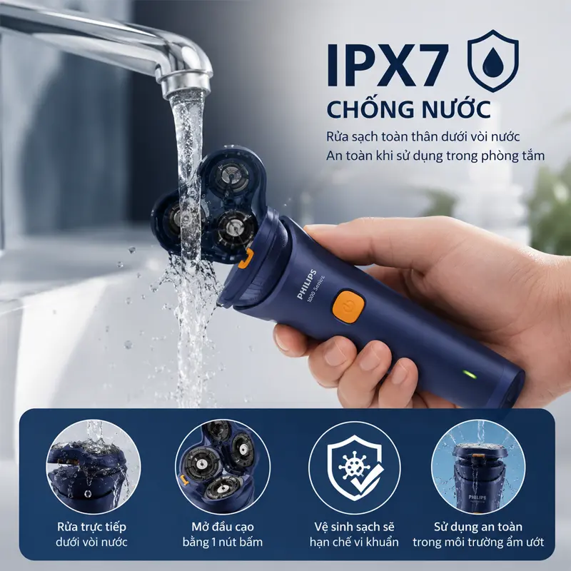 Chuẩn chống nước IPX7 giúp vệ sinh nhanh chóng, tăng tuổi thọ sản phẩm
