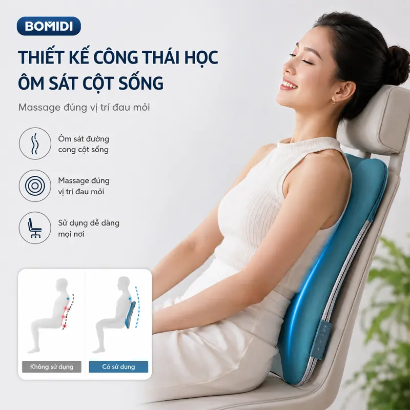 Thiết kế công thái học ôm sát cột sống, massage đúng vị trí đau mỏi Thiết kế công thái học ôm sát cột sống, massage đúng vị trí đau mỏi