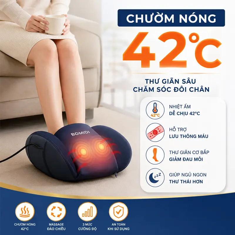 Chức năng chườm nóng 42°C hỗ trợ lưu thông máu và thư giãn cơ bắp tối ưu Chức năng chườm nóng 42°C hỗ trợ lưu thông máu và thư giãn cơ bắp tối ưu