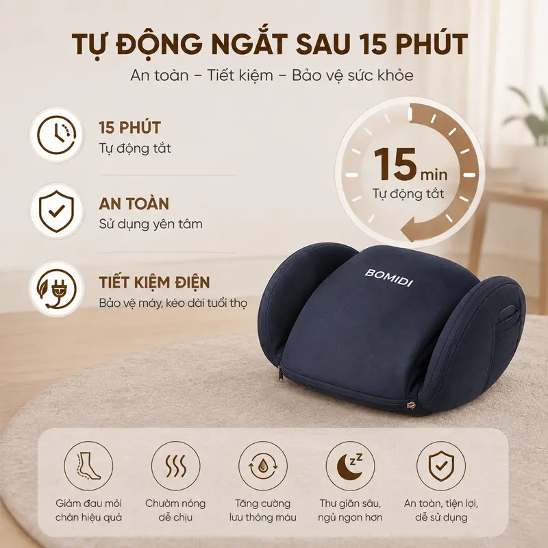 Tự động ngắt sau 15 phút – An toàn, tiết kiệm điện và bảo vệ sức khỏe người dùng Tự động ngắt sau 15 phút – An toàn, tiết kiệm điện và bảo vệ sức khỏe người dùng