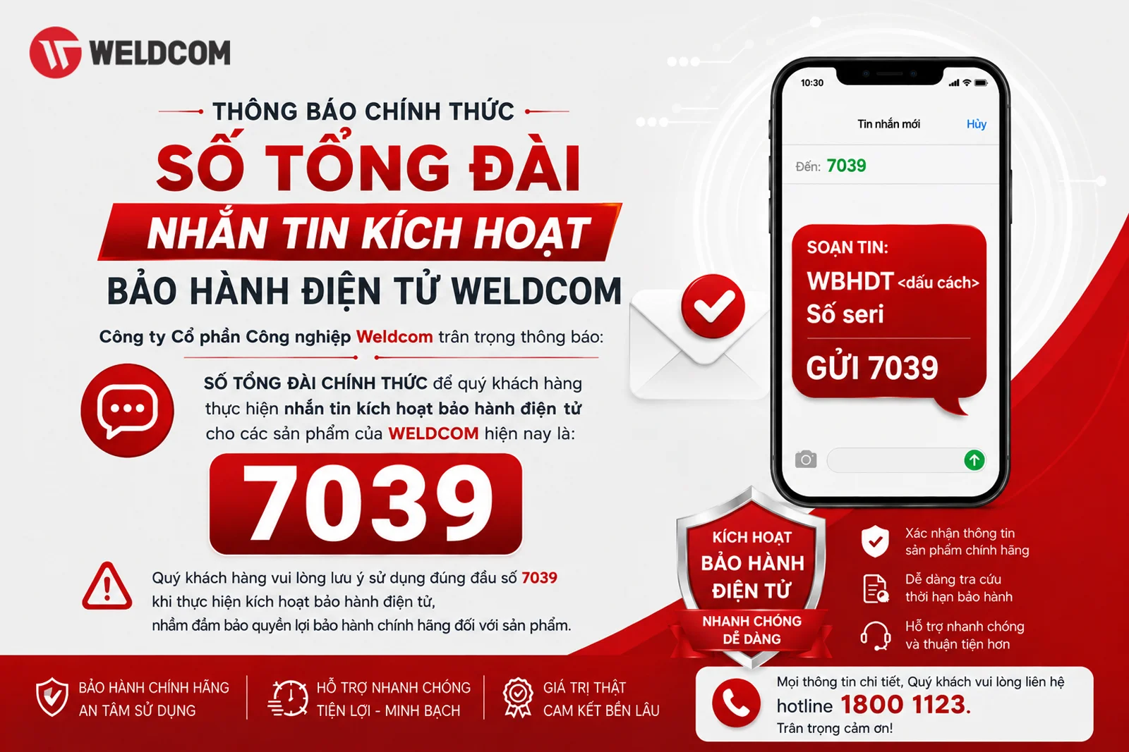 THÔNG BÁO TỔNG ĐÀI NHẮN TIN KÍCH HOẠT BẢO HÀNH ĐIỆN TỬ WELDCOM