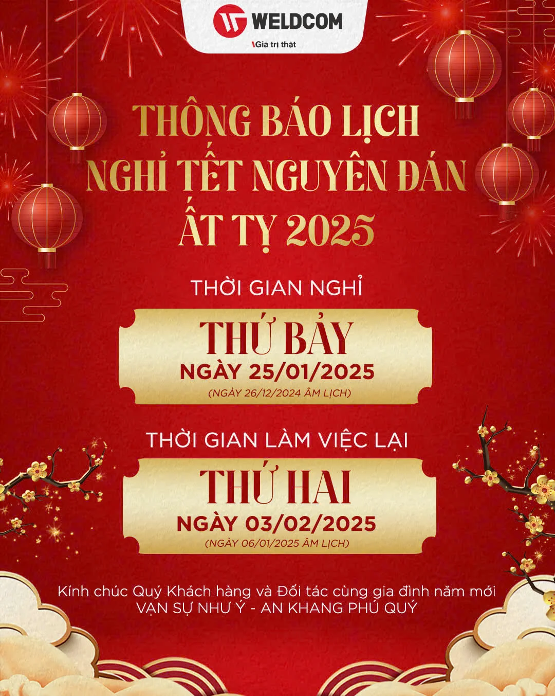 THÔNG BÁO NGHỈ TẾT NGUYÊN ĐÁN ẤT TỴ 2025