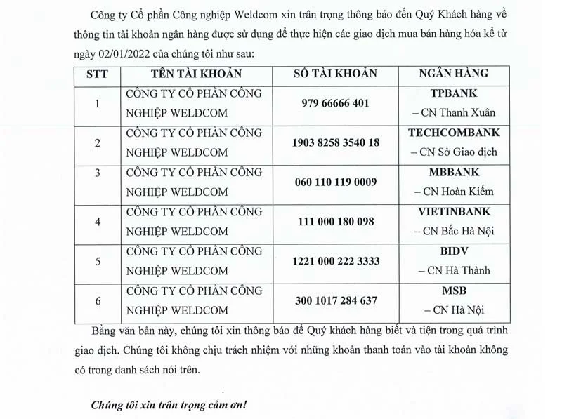 Số tài khoản thanh toán chính thức của Weldcom