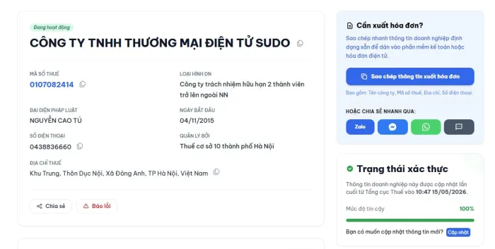 Tính năng sao chép thông tin xuất hóa đơn, chia sẻ nhanh qua tin nhắn