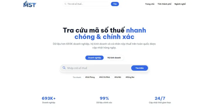 Giao diện trang chủ website Tra Mã Số Thuế