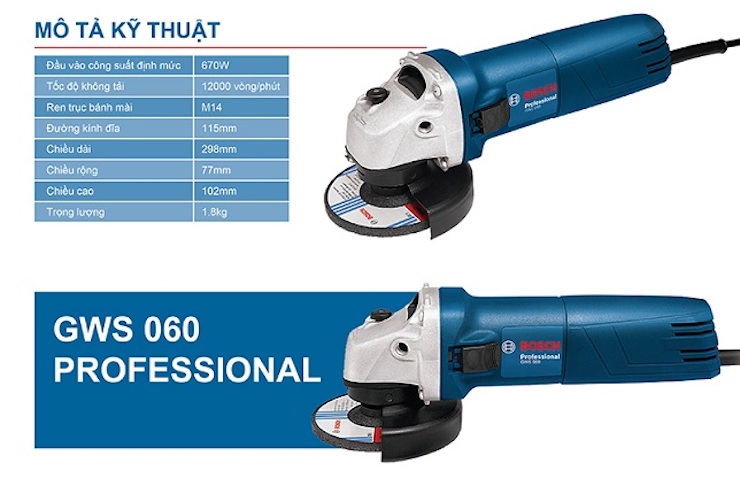 Máy mài góc Bosch GWS 060 có công suất 670W, độ rung thấp