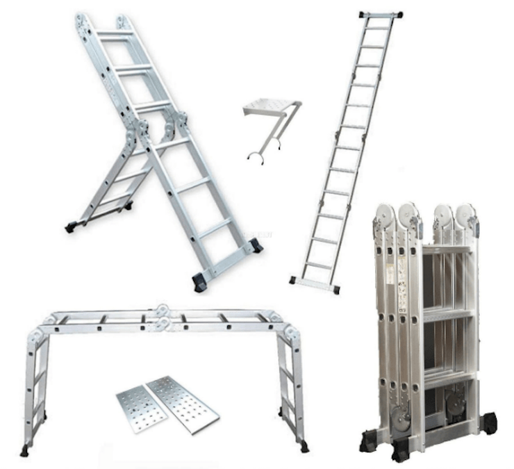 Thang nhôm gấp 4 đoạn có thể dễ dàng chuyển đổi thành kiểu thang chữ A, chữ L, chữ U,…