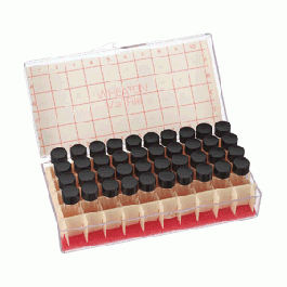 Chai vial trắng 4 ml, nắp vặn đen Phenolic 13-425 đệm PTFE / 14B Rubber, đựng trong hộp 40 chỗ Wheaton